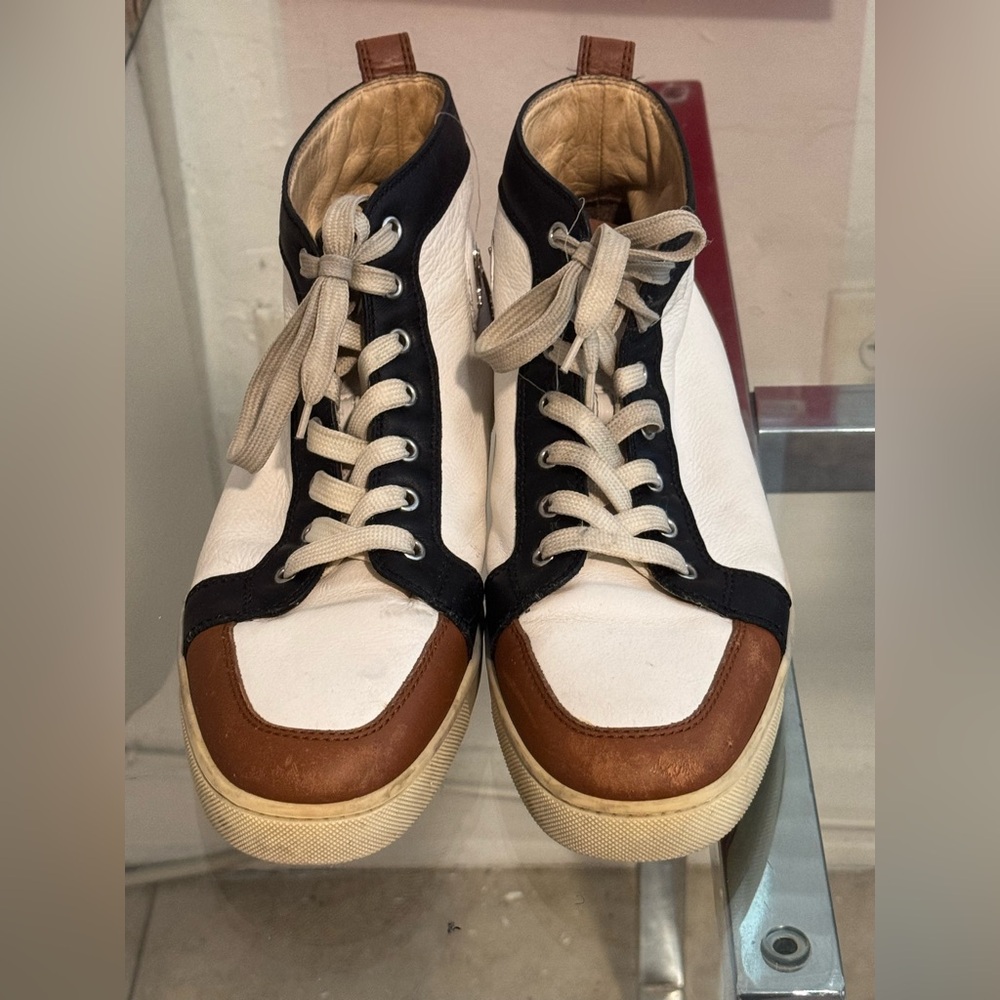 Christian Louboutin High Top Sneakers, Leather, White with Brown/Black Trimming